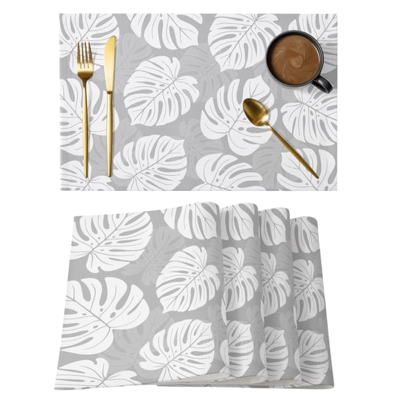 Monstera Leaves Placemats Set of 6 Modern Minimalist Botanical Tropical Gray Place Mats Indoor Wipeable Table Mats Washable Cloth Dining Table Placemats for Kitchen Holiday Party Decor 13x19 Inch
