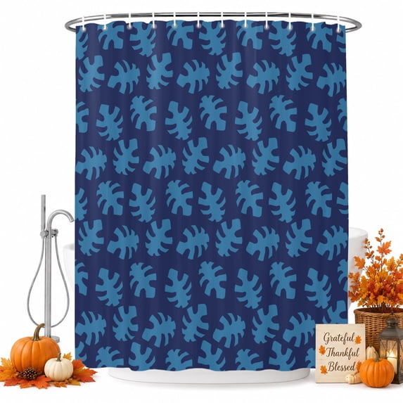 Monstera Leaves Print Shower Curtain Set - 48" x 72" Washable Bathtub Curtain with 12 Hooks, Summer Tropical Plants Boho Blue Waterproof Fabric Stall Shower Curtains for Bathroom/Bathtub Décor