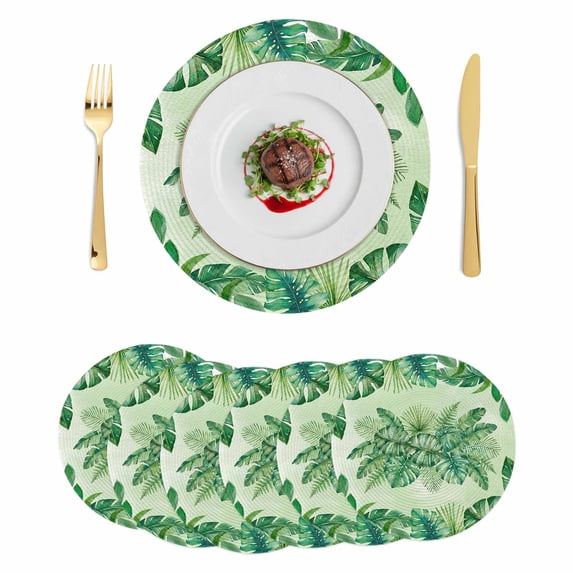 Monstera Leaves Round 13 Inch Placemats Set of 6, Summer Tropical Plants Palm Leaf Ombre Green HeatResistant Non Slip Place Mats for Dining Table, Wipeable Braided Kitchen Table Mats for Housewarming