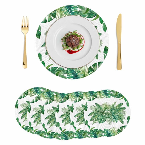 Monstera Leaves Round 15 Inch Placemats Set of 6, Summer Tropical Palm Leaf Botanical Green HeatResistant Non Slip Place Mats for Dining Table, Wipeable Braided Kitchen Table Mats for Housewarming