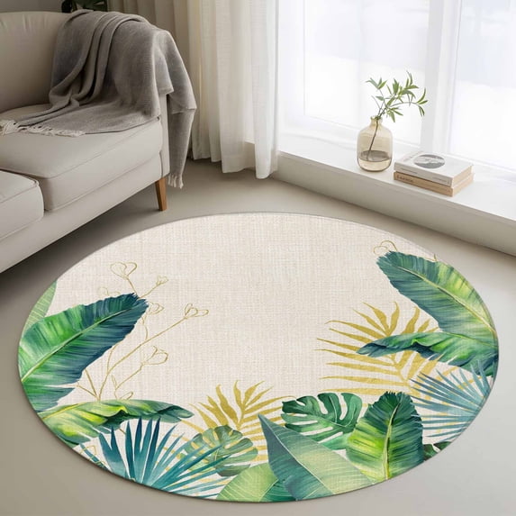 Monstera Leaves Round Area Rug 3.3Ft Washable Circle Rugs for Dining Room Table, Green Yellow Botanical Palm Leaf Summer Beige Non-Slip Carpet Floor Mats Indoor Outdoor Carpet Runner Home Decor