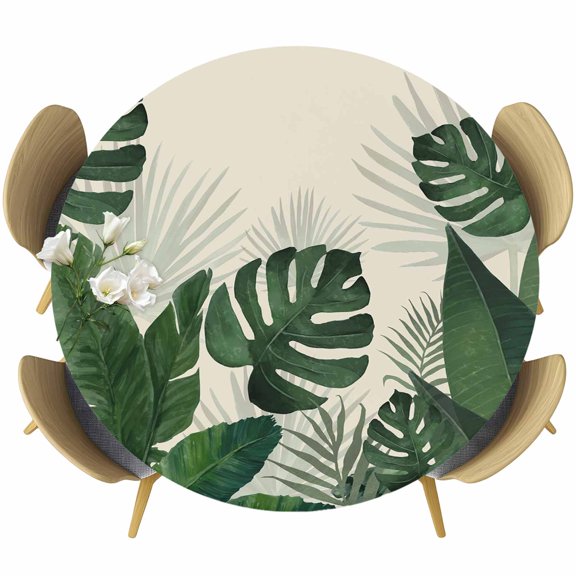 Monstera Leaves Round Tablecloth 36-44 Inch Round Fitted Table Cloth with Elastic Edge, Summer Green Tropical Plants Leaf Beige Waterproof Table Cover Protector for Outdoor Picnic Party Dining