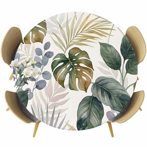 Monstera Leaves Round Tablecloth 36-44 Inch Round Fitted Table Cloth with Elastic Edge, Summer Tropical Eucalyptus Leaf Watercolor Waterproof Table Cover Protector for Outdoor Picnic Party Dining