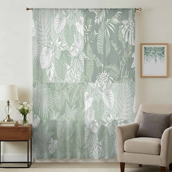 Monstera Leaves Sheer Curtains 45 Inches Long, Summer Tropical Palm Leaf Plants Light Green Light Filering Curtains, Breathable Simi Curtain Privacy Drapes for Kitchen Bathroom Small Window Treatment