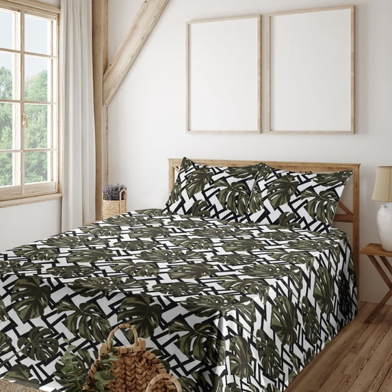 Ambesonne Monstera Leaves Fitted & Flat Sheet with Shams 4 Pcs Set, Abstract Palm Leaf, King, Peacock Green Dark Green