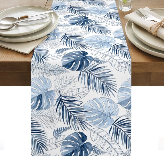 Monstera Leaves Table Runner Summer Tropical Palm Leaf Botanical Blue Tablerunners 13 x 36 Inch, Table Decorations Tabletop Scarf for Summer Gathering Holiday Farmhouse Kitchen Dining Decor