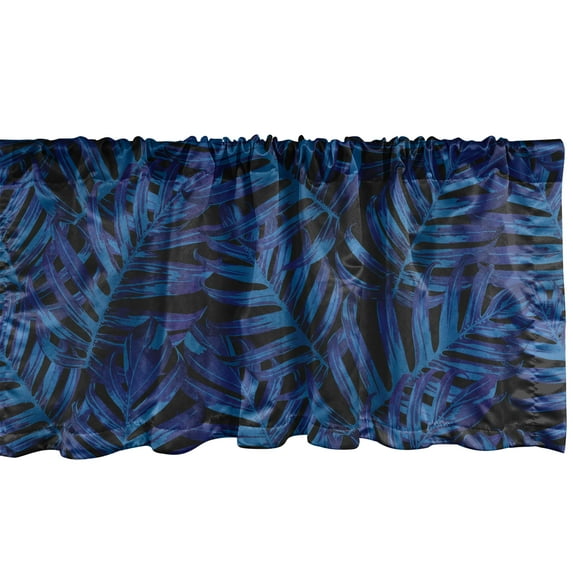 Monstera Leaves Window Valance, Night Time Tropical Jungle Inspirations Palm Tree Leaf Pattern Art, Curtain Valance for Kitchen Bedroom with Rod Pocket, 54" X 18", Dark Blue Sea Blue, by Ambesonne