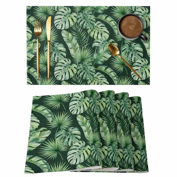 Monstera Palm Leaf Cotton Linen Placemats Set of 8, Summer Green Plant Botanical Nordic Art Washable Table Place Mats Heat Insulating Placemat for Dining Room Kitchen Daily Use 13 x 19 Inch