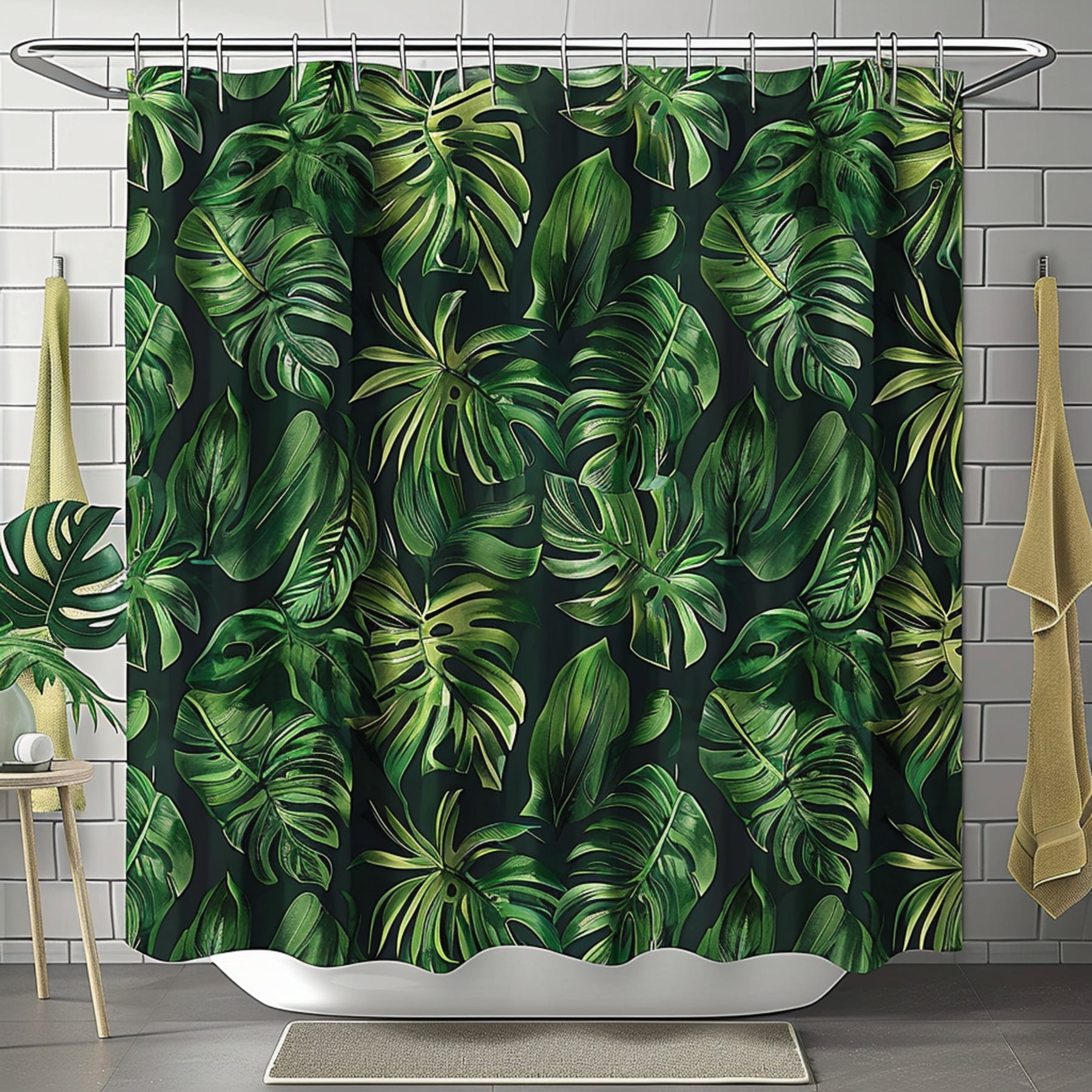Monstera Palm Leaf Shower Curtain Dark Green Tropical Rainforest