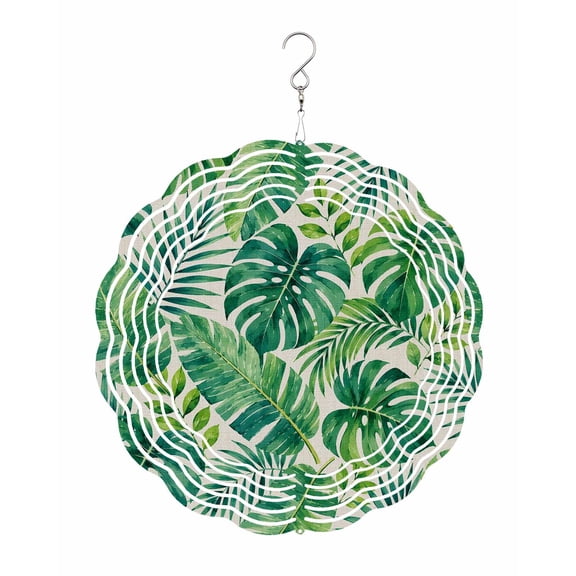 Monstera Palm Leaf Wind Spinner for Garden Yard 12In, Tropical Boho Rainforest Flora Green Botanical 3D Stainless Steel Kinetic Hanging Wind Spinners Rustproof Outdoor Decor for Lawn Patio Home