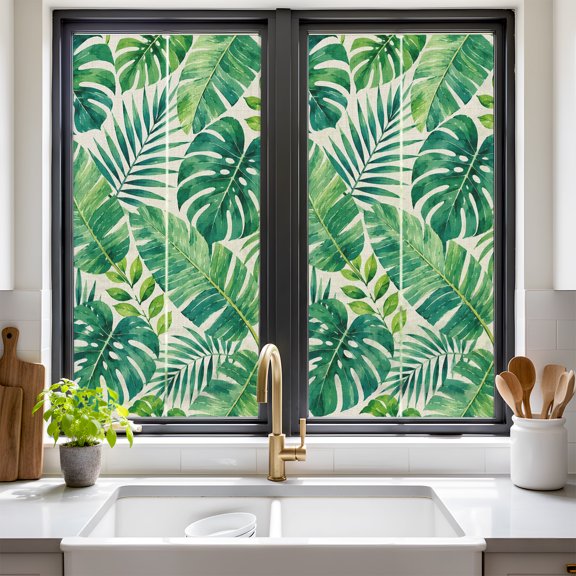 Monstera Palm Leaf Window Privacy Film Tropical Boho Rainforest Flora Green Botanical Non Adhesive Window Cling Stickers Static Cling Glass Decals for Home Party Decoration 17.7 x 39.3 in