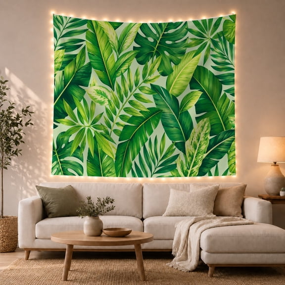 Monstera and Palm Leaves Against Mint Green Background, Calming Illustration for Plant Lovers, Vibrant Botanical Wall Art, Housewarming Gift, Tapestry Wall Hanging for Living Room and Bedroom
