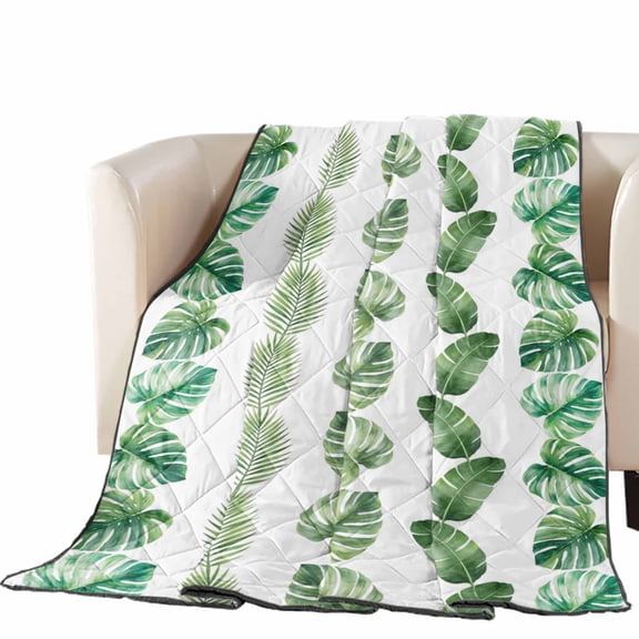 Monstera Palm Leaves Quilted Comforters Cooling Blanket Oversized Queen Size, Rustic Boho Green Tropical Botanical Stripe Cold Comfort for Hot Sleepers Air Conditioning Quilt Blanket for Bed