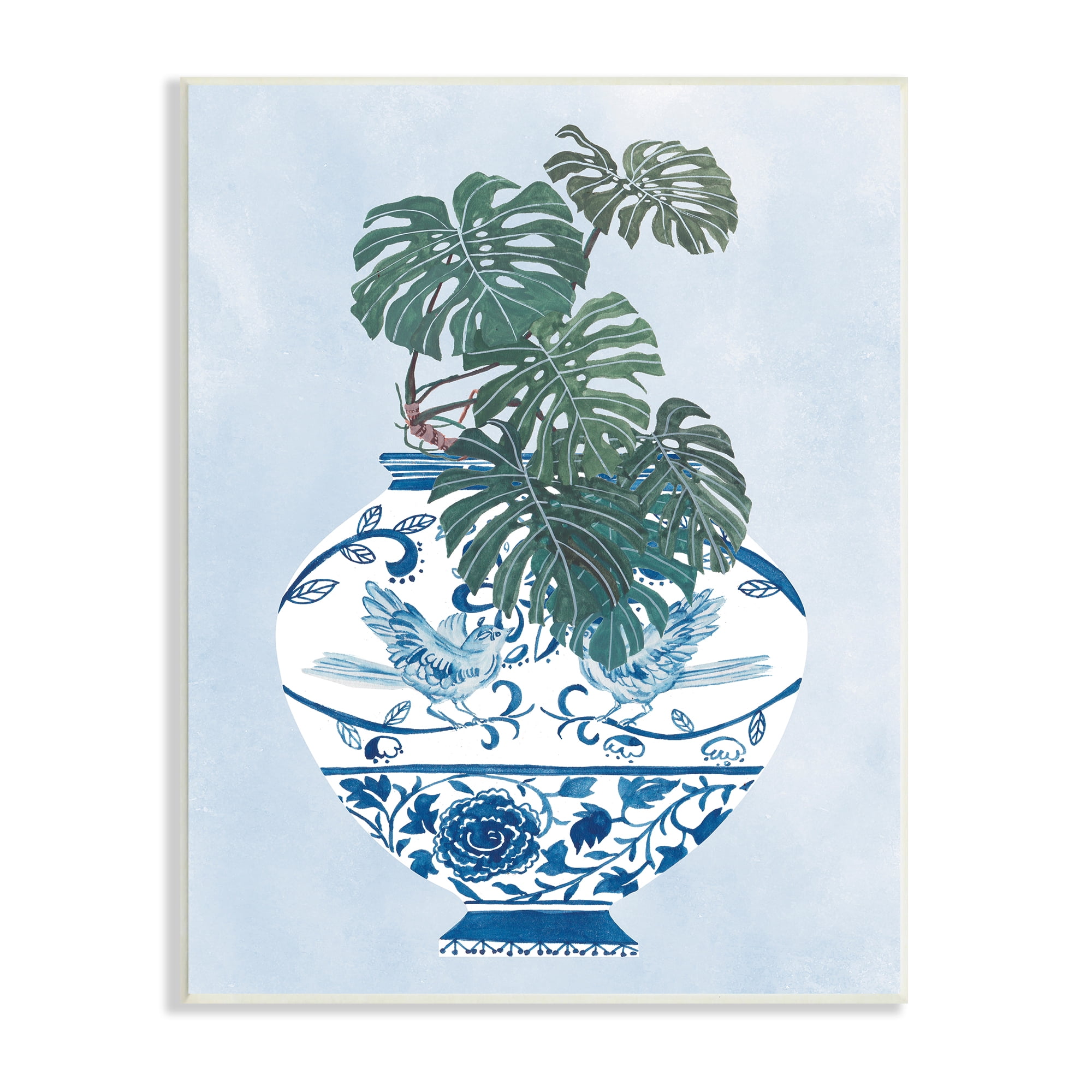 Monstera Palm Plant Ornate Blue Bird Vase Scene 13 in x 19 in Framed Painting Art Print, by Stupell Home Décor