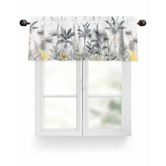Monstera Palm Tree Valances for Windows Tropical Plant Yellow Grey Hand Drawn Valance Rod Pocket Short Window Treatments Curtains for Kitchen Bathroom Living Room Bedroom, 42 x 12 Inch