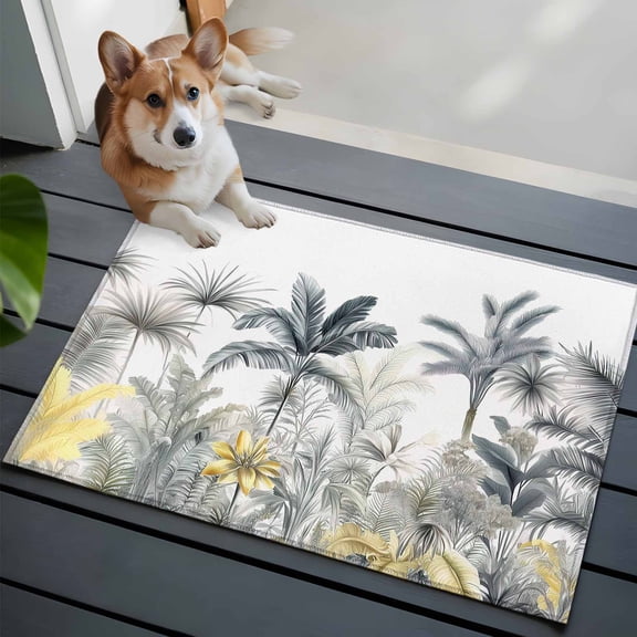 Monstera Palm Tree Washable Area Rug 2x3 Tropical Plant Yellow Grey Hand Drawn Low-Profile Area Rugs with Non Slip Backing Indoor Floor Carpet for Entrance Living Room Bedroom Home Office