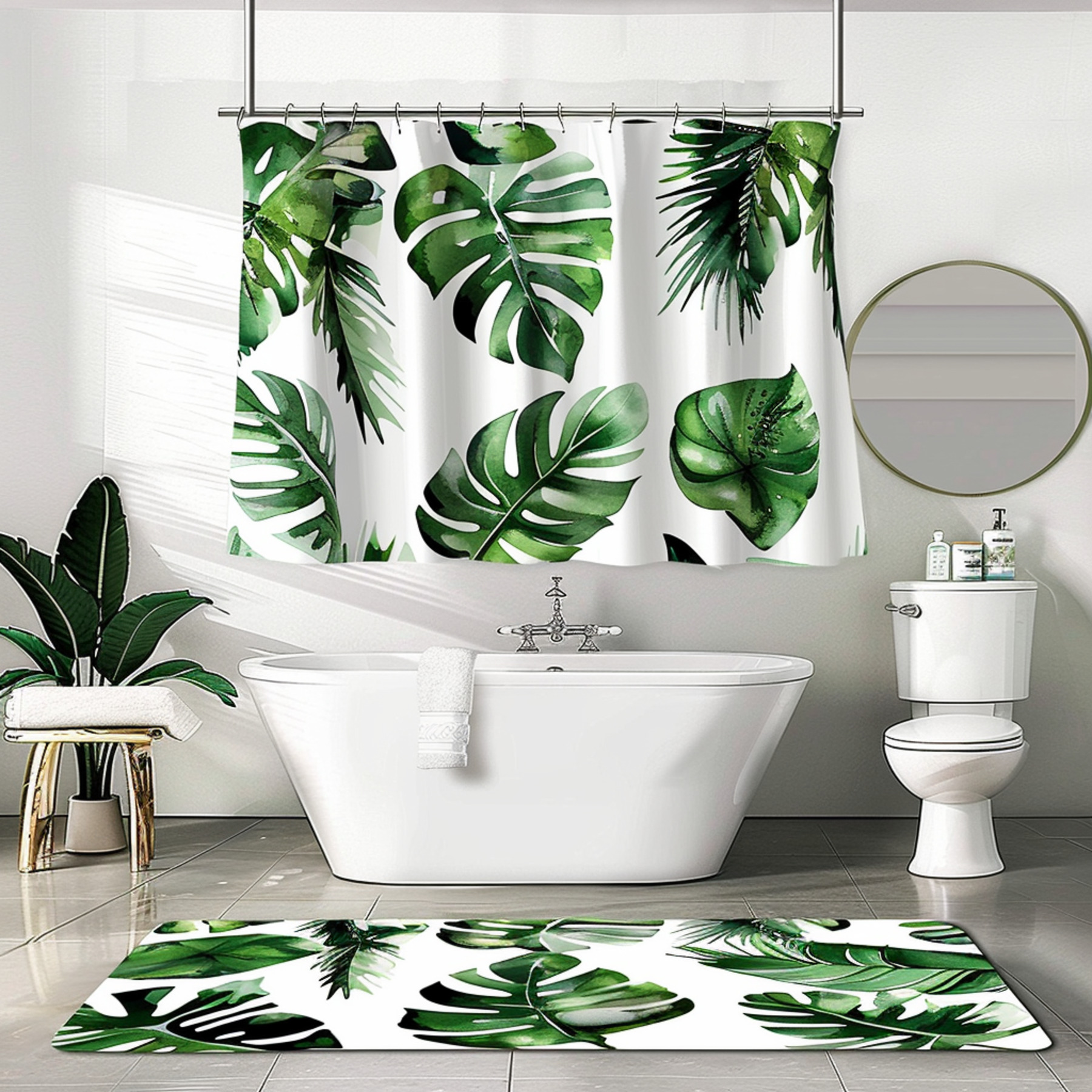 Monstera Palm Tropical Rainforest Green Leaves Bathroom Curtain & Set