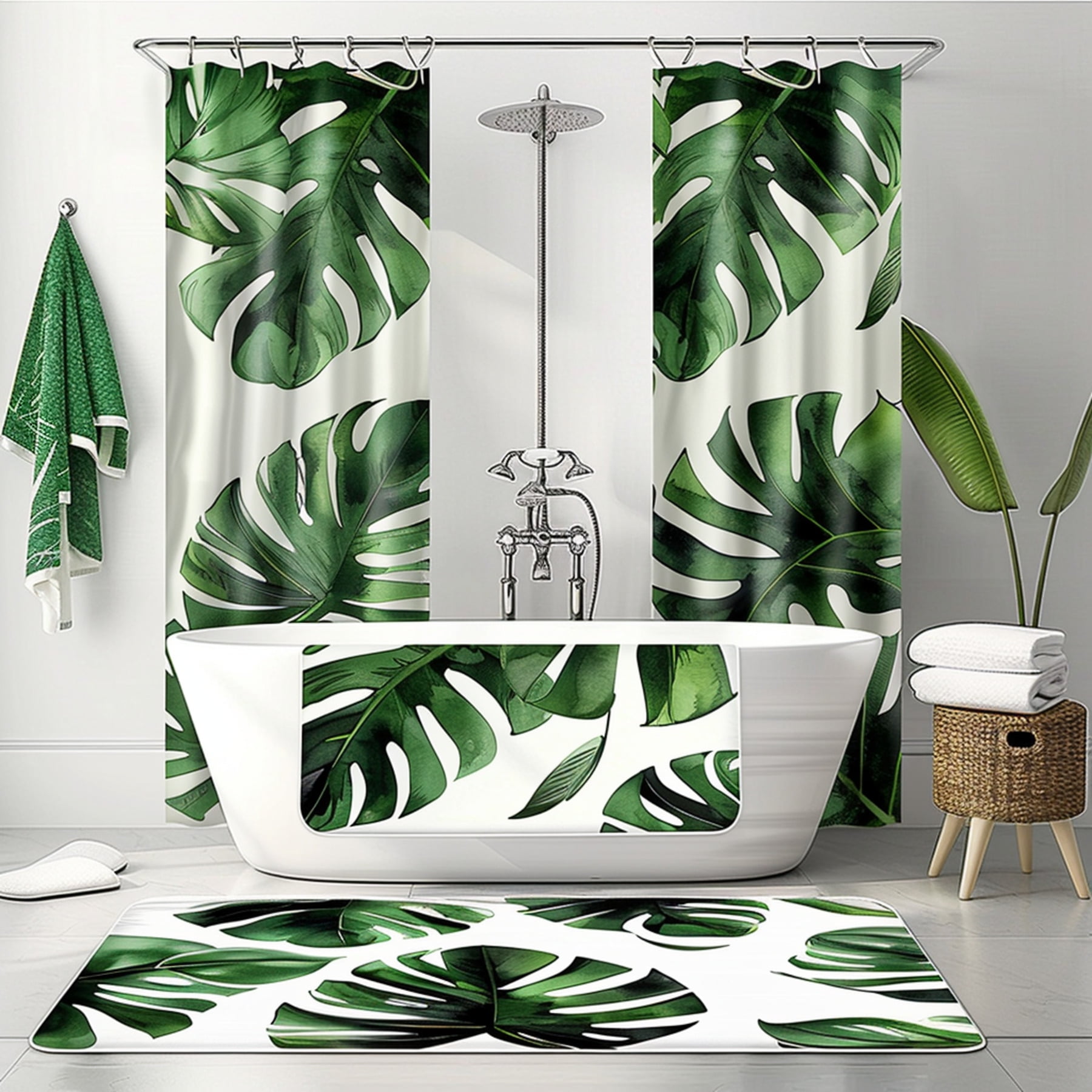 Monstera Paradise: Tropical Rainforest Green Plants Shower Curtain Set ...