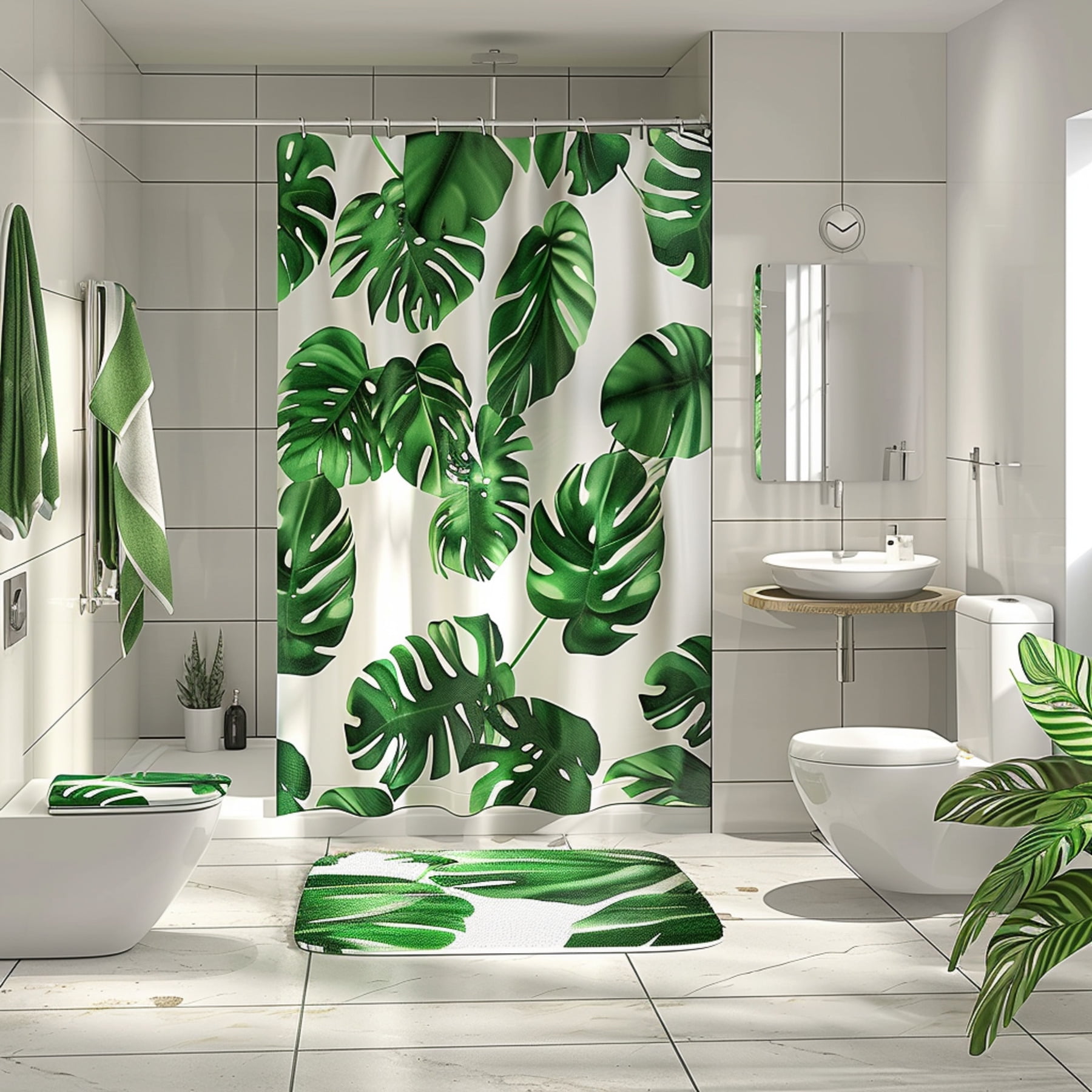 Monstera Plant Pattern Shower Curtain Set Tropical Leaves Bathroom Decor White and Green Color