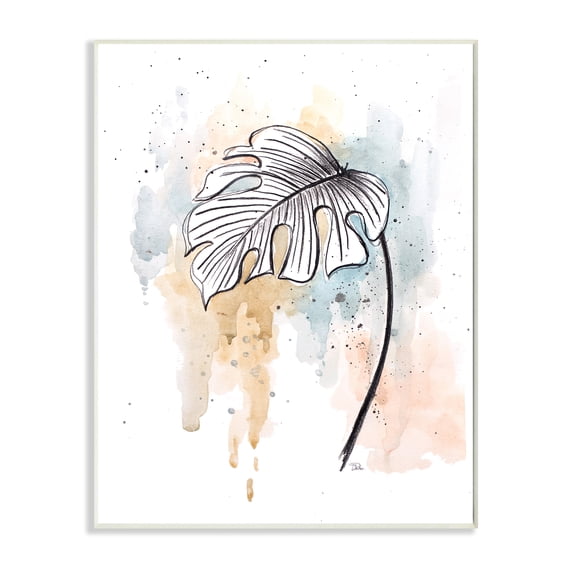 Monstera Plant Stem Blue Brown Splatter Watercolor 10 in x 15 in Framed Painting Art Prints, by Stupell Home Décor