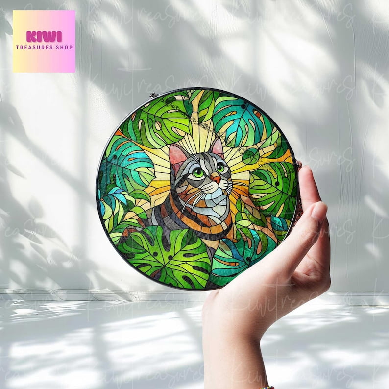 Monstera Plant and Tabby cat GLASS Suncatcher, Monstera Plant Decor ...