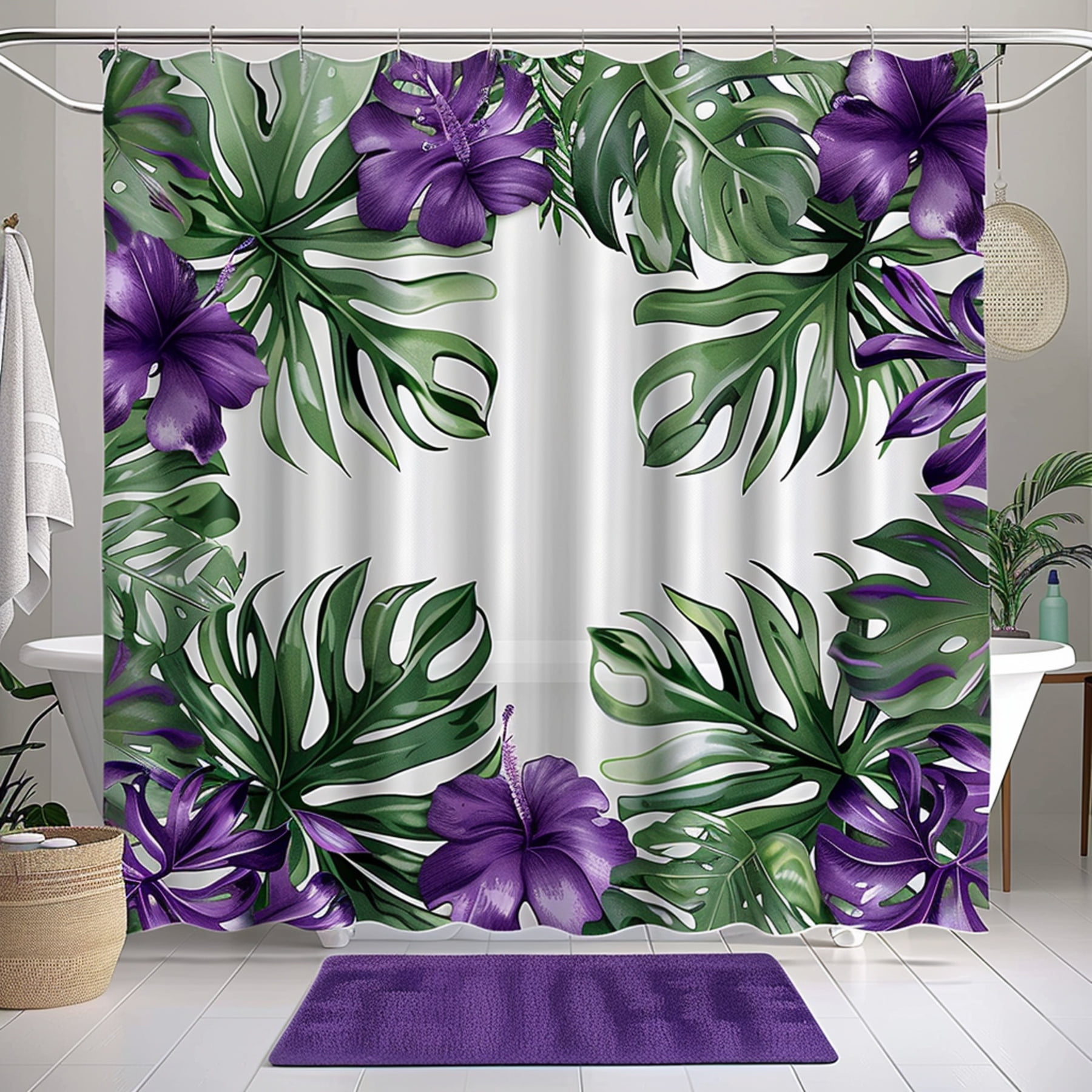 Monstera & Purple Flower Bathroom Set Hyper Realistic Shower Curtain