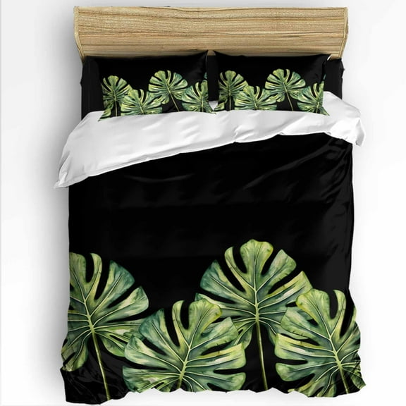 Monstera Queen Size Comforter Set, Green Tropical Leaf Black Background Soft Bedding for All Seasons, 4 Pcs Bed Set with 1Comforter (90"x92") ,1 Sheet(94"x116"), 2 Pillowcases (19"x29")
