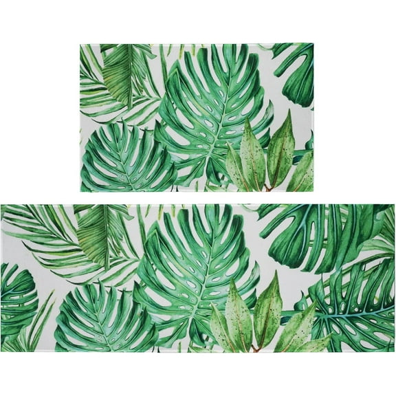 Monstera Rug Kitchen Rugs Green Tropical Design Non-Slip Soft Kitchen Mats Bath Rug Runner Doormats Carpet for Home Decor,47x17+17x30