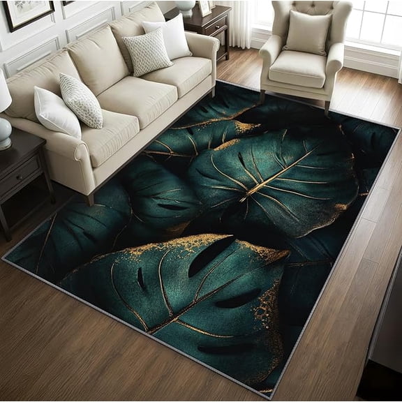 Monstera Rugs for Living Room, Emerald Green Leaves Rug, Botanical Rug for Living Room, Tropical Leaf Washable Bedroom Carpet, Hawaii Monstera Home Decor & Gifts 5 x 8ft