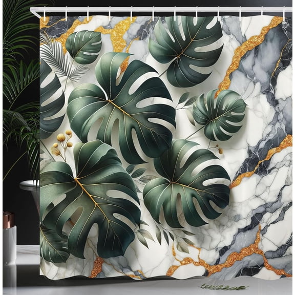 Monstera Shower Curtain, Marble Background and Leaves Print a Whispers' Call Nature Flora and Stone, Cloth Fabric Bathroom Decor Set with Hooks, 69" W x 84" L, Dark Green Dimgray