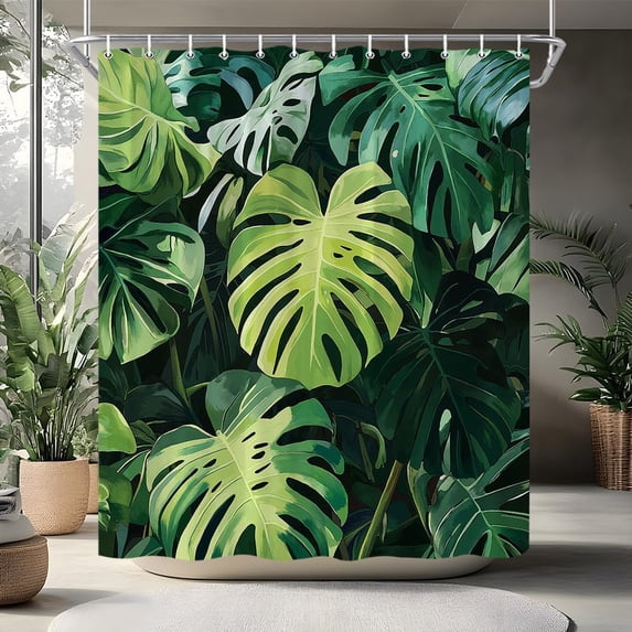 Monstera Shower Curtain, Tropical Green Leaves Rainforest Design ...