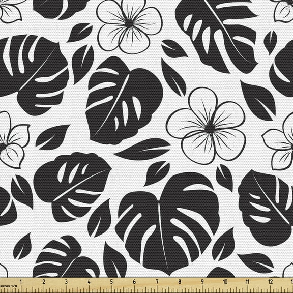 Monstera Sofa Upholstery Fabric by the Yard, Classic Hawaiian Exotic Leaves Hibiscus Blooms Frangipani Aloha Island, Decorative Fabric for DIY & Home Accents, 2 Yards, Charcoal Grey White by Ambesonne