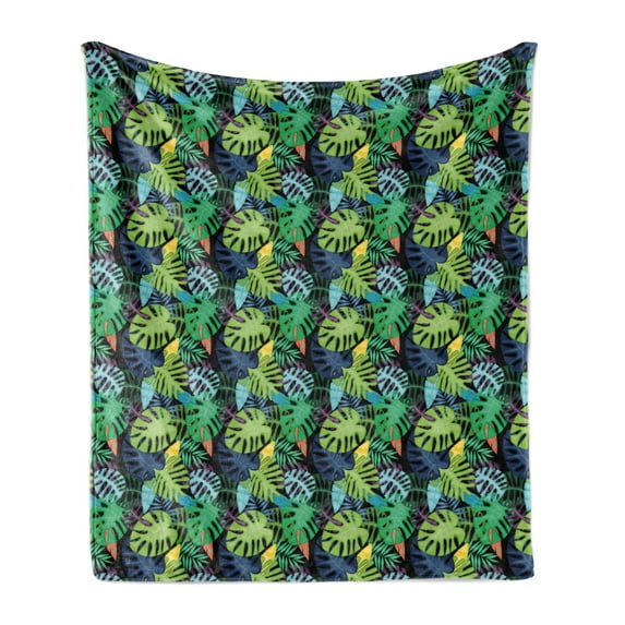 Monstera Soft Flannel Fleece Blanket, Continuous Tropical Deep Jungle Botany Drawings in Green Tones, Cozy Plush for Indoor and Outdoor Use, 50" x 70", Charcoal Grey and Multicolor, by Ambesonne
