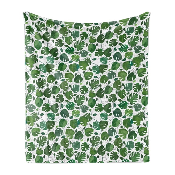 Monstera Soft Flannel Fleece Blanket, Exotic Rainforest Leaves Pattern of Dots Jungle Forest Foliage Hipster Art, Cozy Plush for Indoor and Outdoor Use, 70" x 90", Dark Green White, by Ambesonne
