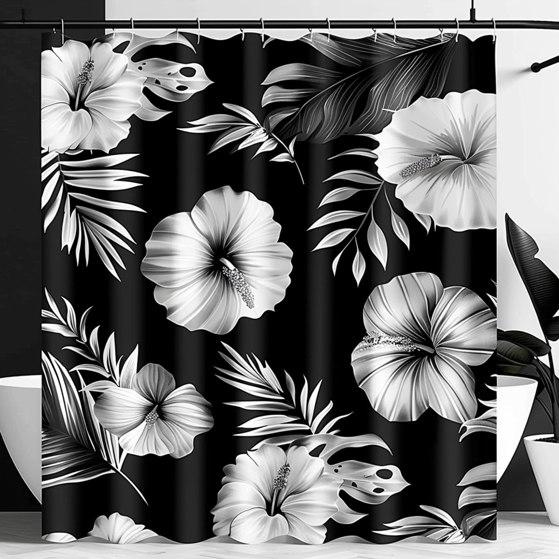 Monstera Style Tropical Floral Bathroom Curtain with Palm and Hibiscus