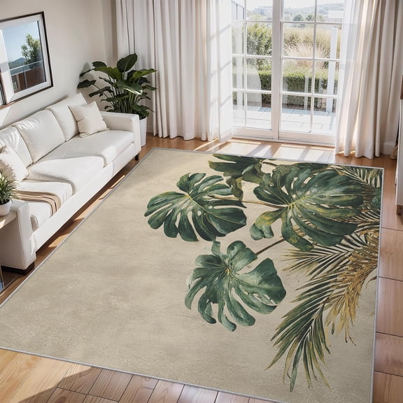 Monstera Tropical Leaf Area Rug, Botanical Palm Leaves Indoor Carpet, Washable Non Slip Low Pile Soft Thin Rug for Living Room Bedroom Home Decor Mat 5x8ft