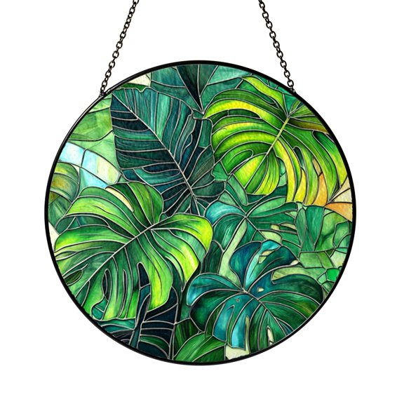 Monstera Tropical Leaf Stained Glass Style Suncatcher Panel, Botanical Window Hanging Art Decor