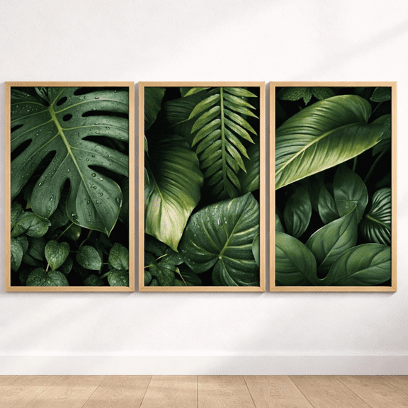 Monstera Tropical Leaves Rainforest Botanical Boho Poster Set 3 Prints Set 3 , Stretched Canvas