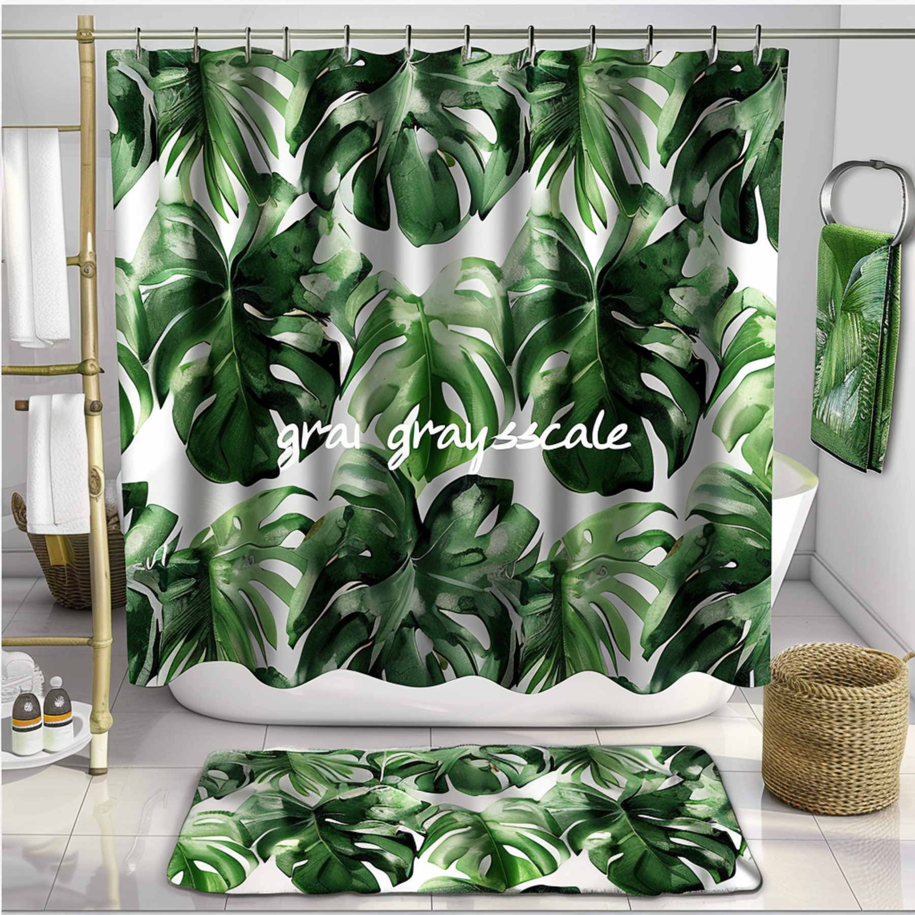 Monstera Tropical Leaves Shower Curtain Set Green Plant Design Summer