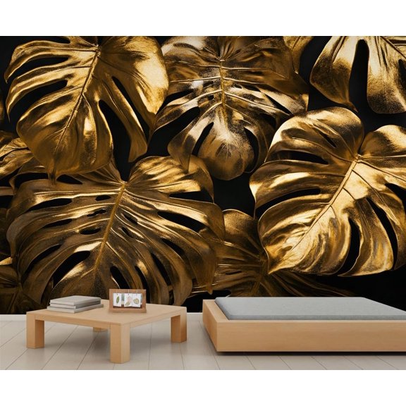 Monstera Wall Mural - Golden Monstera Wall Murals, Luxury Leaves Hd Photo For Living Room Bedroom, Tropical Leaves Mural 98.4"W x 68.9"H (Not Peel and Stick)