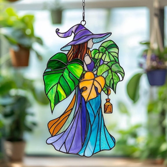 Monstera Witch Acrylic Suncatcher, Boho Garden Faux Stained Glass Window Hanging, Gift For Plant Lovers Halloween Garden Decor