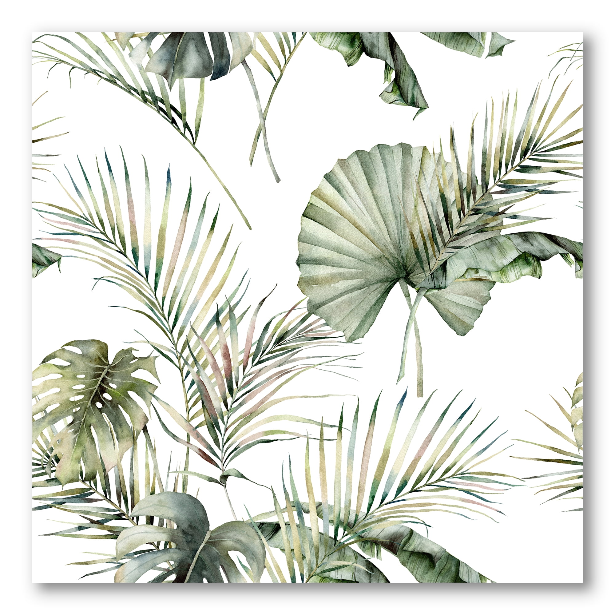 Monstera and Coconut Leaves With Tropical Pattern 30 in x 30 in Painting Canvas Art Print, by Designart
