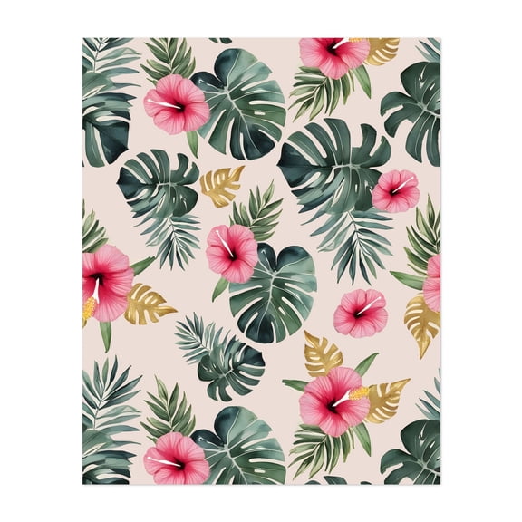 Monstera and Hibiscus Pattern - India Illustration Tropical Floral Botanical Pattern Jungle Unframed Wall Art Print 36 x 48 inches