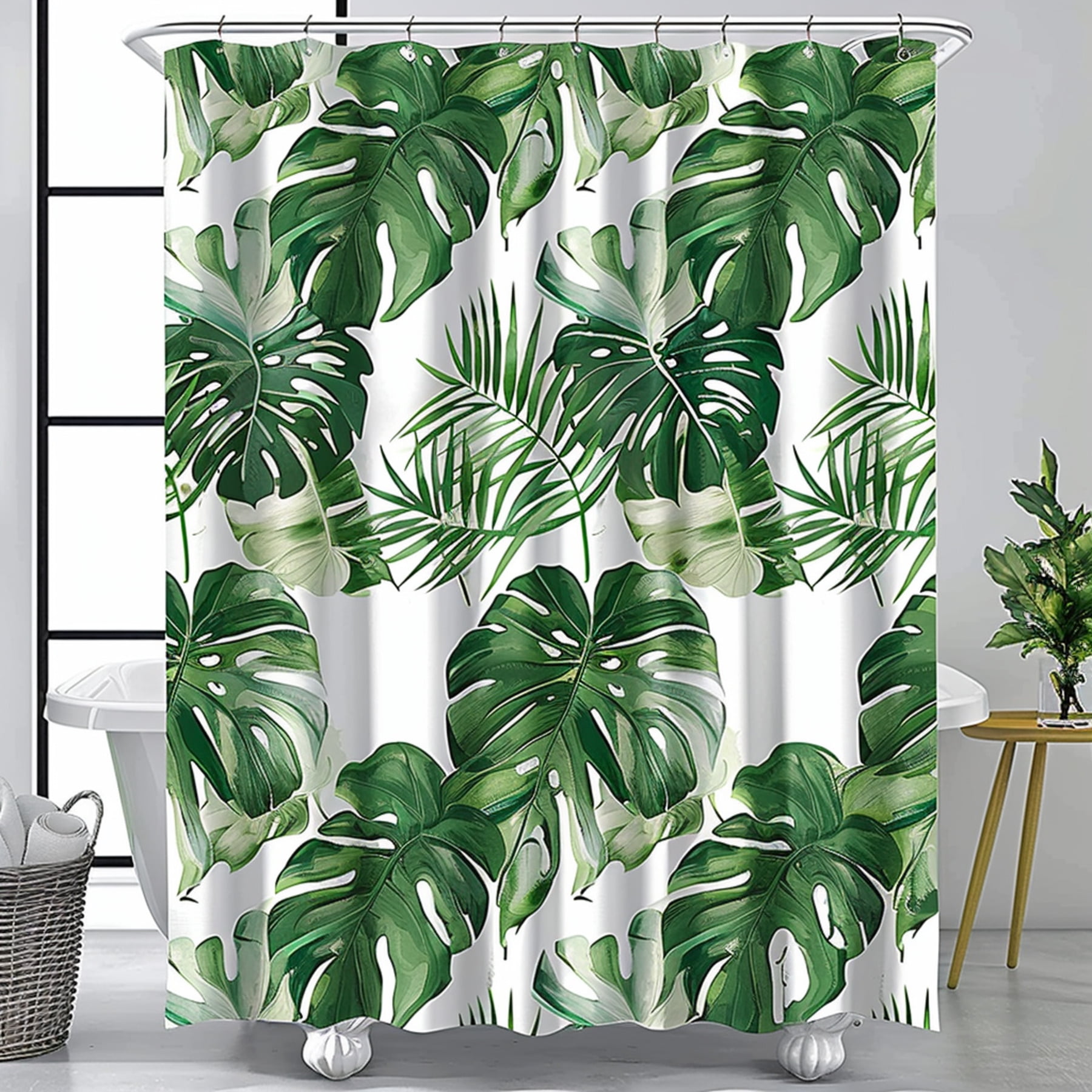 Monstera and Palm Leaf Tropical Shower Curtain Green Leaves Bathroom Decor White Background