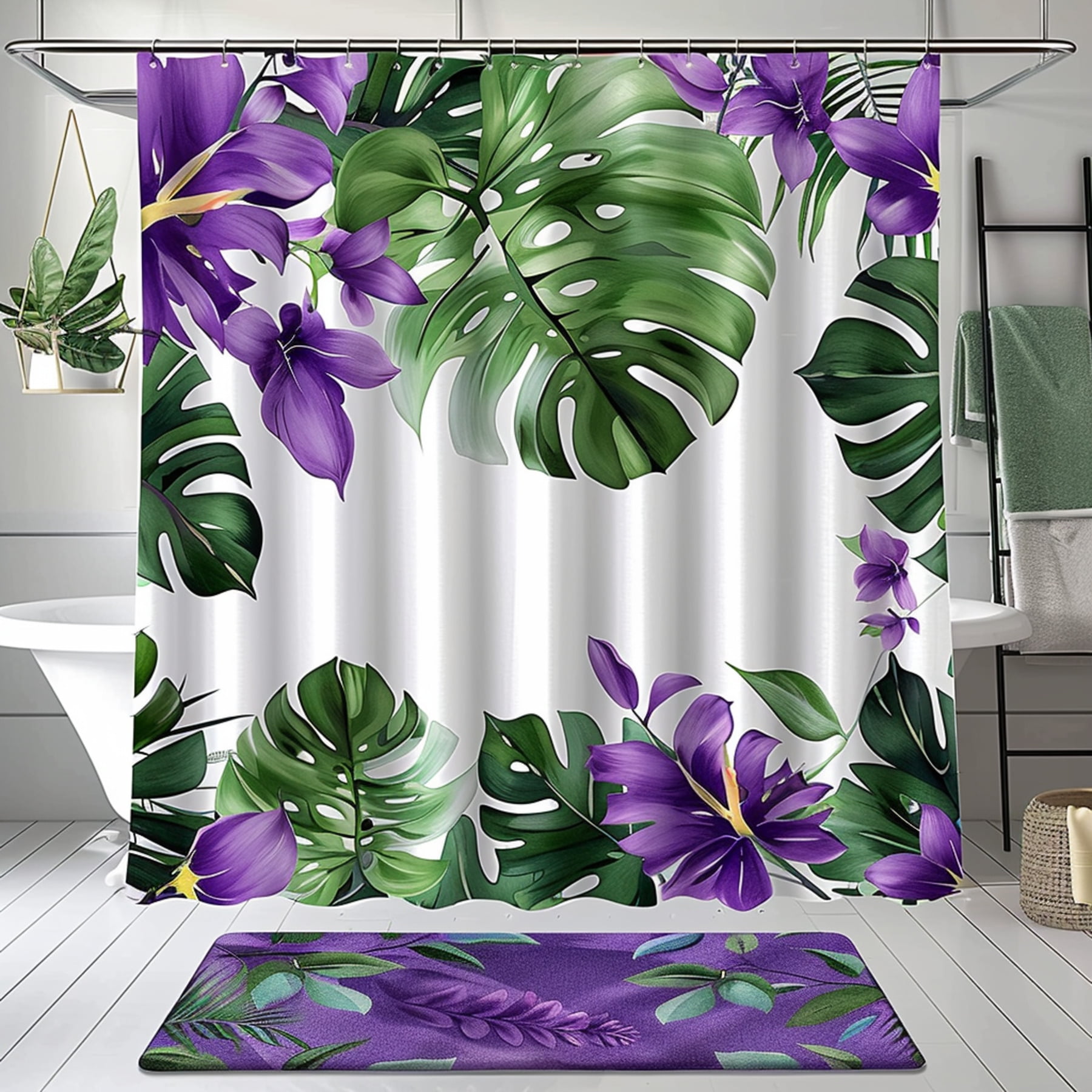Monstera and Purple Flower Bathroom Curtain Set Tropical Design Hyper