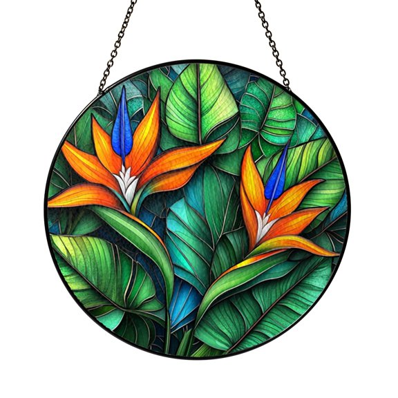 Monstera and Tropical Leaves Window Hanging Stained Glass Suncatcher, Fresh Botanical Home Accent