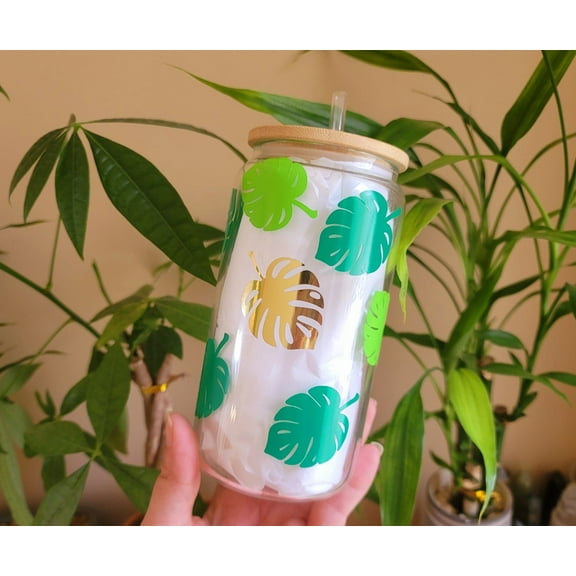 Monstera leaf beer can glass, iced coffee glass, Beer glass, libbey glass, 16 OZ