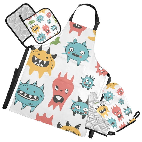 Monsters Cartoon Doodle Apron Set with Oven Mitts Pot Holders Set of 5 Kitchen Stuff Accessories