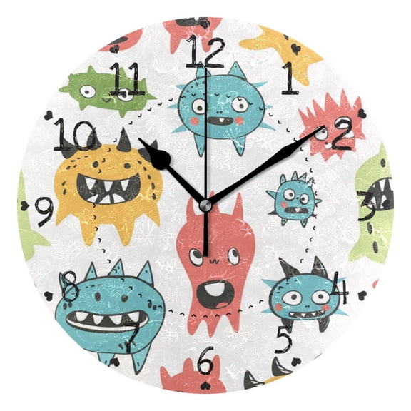 Monsters Cartoon Doodle Round Wall Clock Silent Analog Battery Operated Black Pointer Home Decor 9.84" Diameter