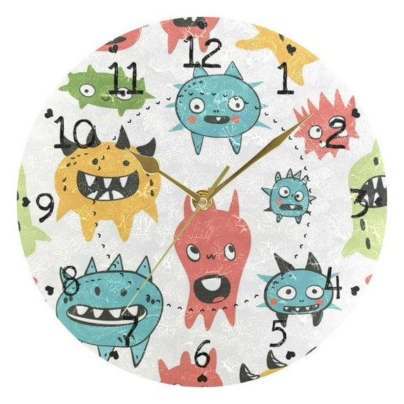 Monsters Cartoon Doodle Round Wall Clock Silent Analog Battery Operated Gold Pointer Home Decor 9.84" Diameter